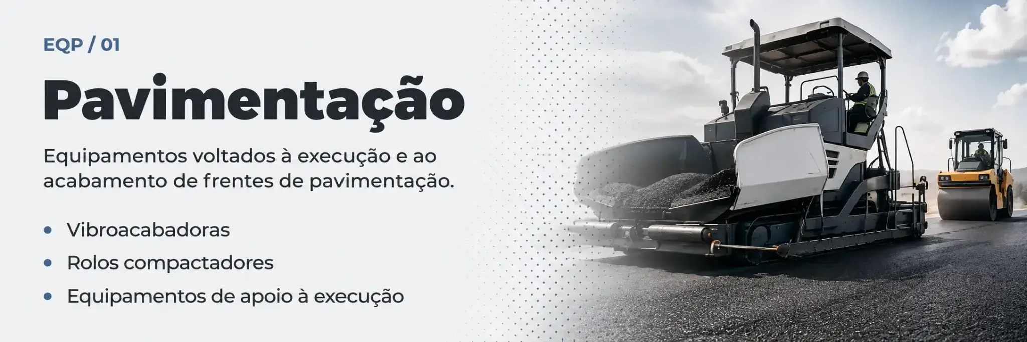 Card de pavimentação com equipamentos voltados à execução e acabamento de frentes de pavimentação